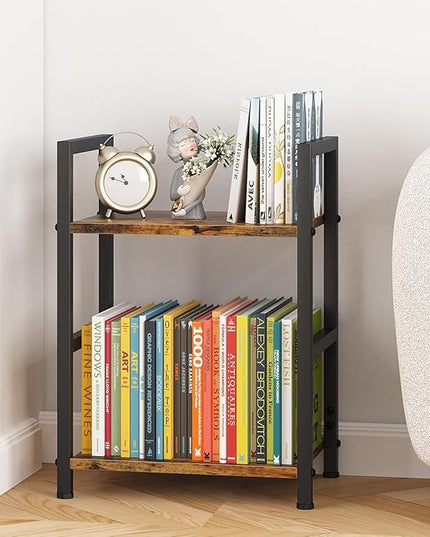 Small Bookshelf for Small Space, 2 Tier Industrial Bookcase,Narrow Book Case Storage Organizer Book Shelf for Living Room, Bedroom and Office, Easy Assembly(2 Tier,Rustic Brown) - LeafyLoom
