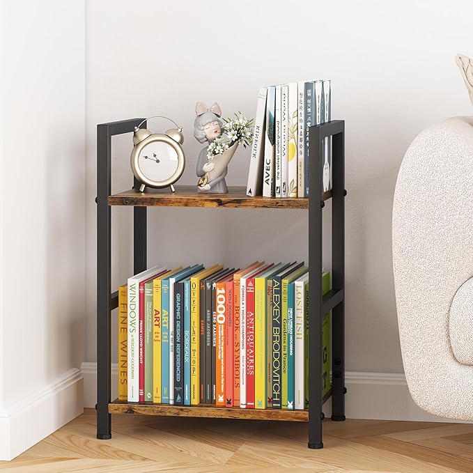 Small Bookshelf for Small Space, 2 Tier Industrial Bookcase,Narrow Book Case Storage Organizer Book Shelf for Living Room, Bedroom and Office, Easy Assembly(2 Tier,Rustic Brown) - LeafyLoom