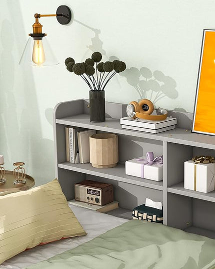 Twin Size Platform 2 Storage Drawers and Side Bookcase, Solid Wood Day Captain, Ideal Bed Frame for Bedroom, Living Room, Gray - LeafyLoom