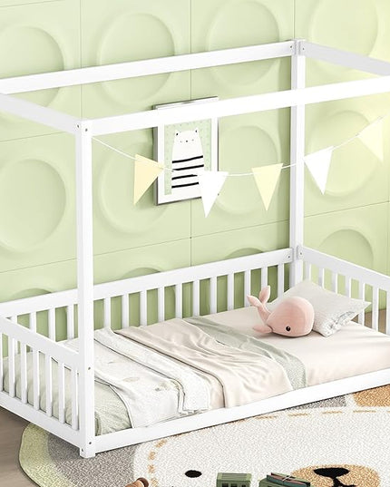 Twin Size Canopy Bed Frame with Guardrails for Kids,Floor Bed Twin with Four Poster Design,Kids Montessori Floor Bed,Wood Canopy Bed Frame for Girls,Boys(Twin,White) - LeafyLoom