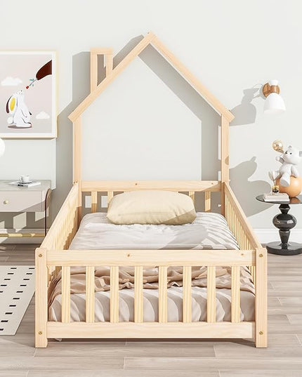 Twin Size Kids Montessori Floor Bed,House-Shaped Headboard Floor Bed for Kids,Floor Bed with Fence and Door,House Bed Twin Frame for Girls,Boys(Twin,Natural) - LeafyLoom