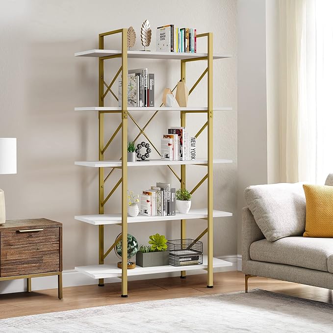 YITAHOME 5 Tier Gold Bookshelf, 70.9" Tall Modern Wide Bookcase, Open Storage Rack Shelves in Living Room/Bedroom/Home/Office, Books Holder Organizer for Books/Plants, Gold & White - LeafyLoom