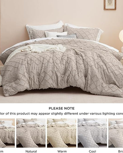 Bedsure Full Size Comforter Set - Linen Comforter, Boho Tufted Shabby Chic Bedding Comforter Set, 3 Pieces Vintage Farmhouse Bed Set for All Seasons, Fluffy Soft Bedding Set with 2 Pillow Shams - LeafyLoom