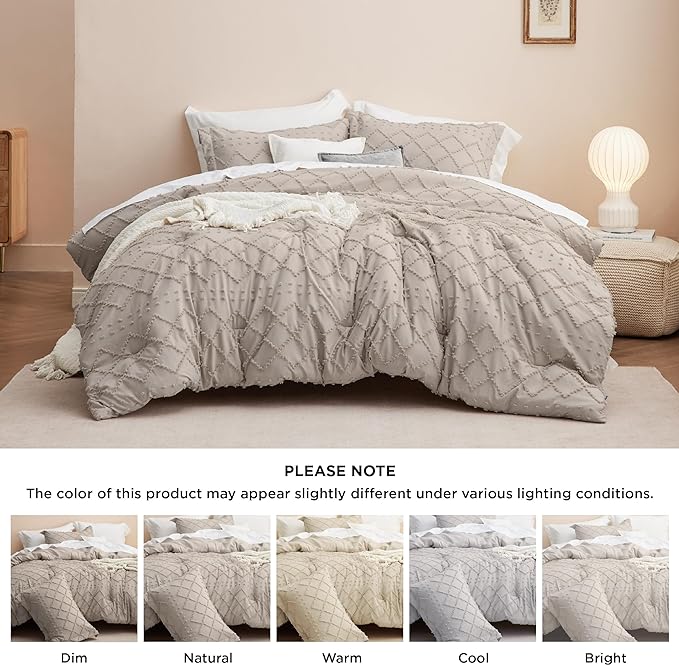 Bedsure King Size Comforter Set - Linen Comforter, Boho Tufted Shabby Chic Bedding Comforter Set, 3 Pieces Vintage Farmhouse Bed Set for All Seasons, Fluffy Soft Bedding Set with 2 Pillow Shams - LeafyLoom