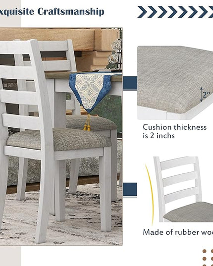 Set 6-Piece Rustic Dining Ensemble-Rectangular Wood Kitchen Table, 4 Chairs, and an Upholstered Bench with Comfy Cushions, Brown + White Wash Aesthetic, Onesize - LeafyLoom