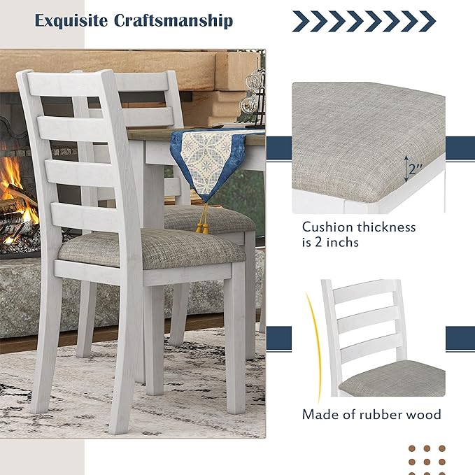 Set 6-Piece Rustic Dining Ensemble-Rectangular Wood Kitchen Table, 4 Chairs, and an Upholstered Bench with Comfy Cushions, Brown + White Wash Aesthetic, Onesize - LeafyLoom