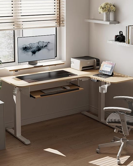 EUREKA ERGONOMIC Standing Desk Adjustable Height 61" Electric Sit Stand Computer Desk L Shaped with Keyboard Tray,Monitor Stand &LED, Dual Motor Memory Presets Sit to Desk Adjustable Desk, Right/Maple - LeafyLoom