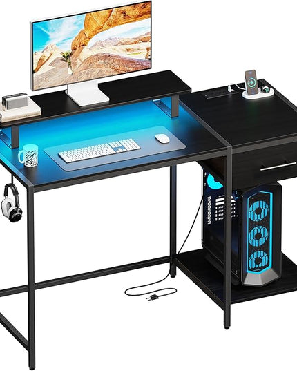 Gaming Desk with Led Light & Power Outlets, 48" Computer Desk with Wooden Drawers and Monitor Stand, Office Desk with Shelves and 2 Headphone Hooks, Work Desk for Home Office,Black - LeafyLoom