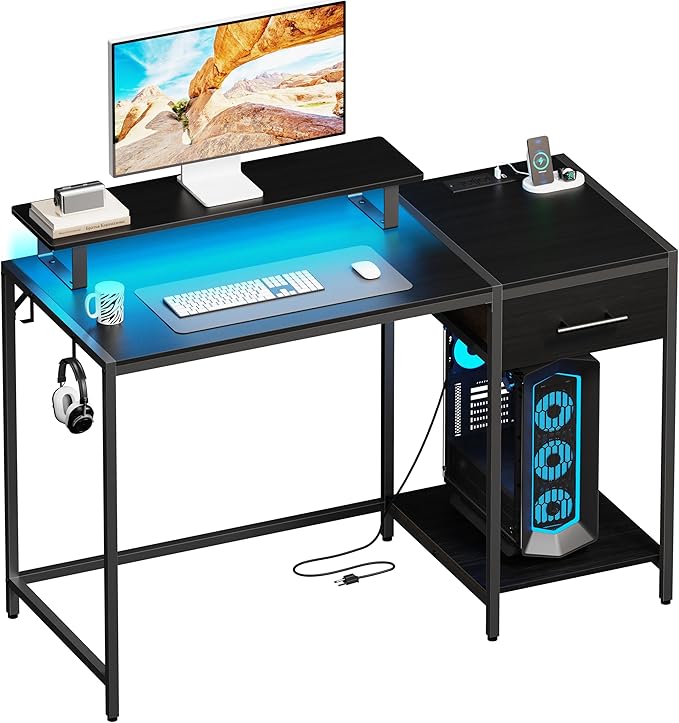 Gaming Desk with Led Light & Power Outlets, 48" Computer Desk with Wooden Drawers and Monitor Stand, Office Desk with Shelves and 2 Headphone Hooks, Work Desk for Home Office,Black - LeafyLoom