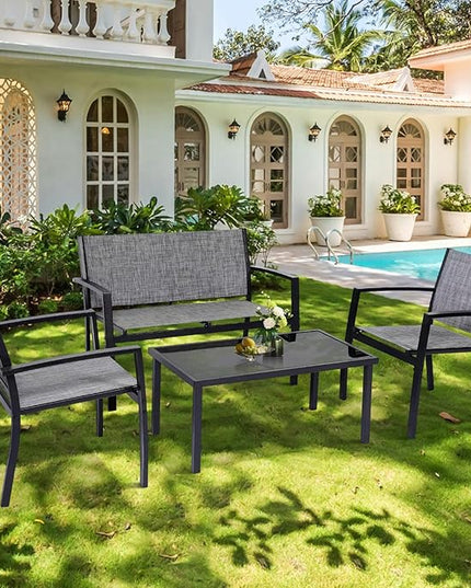 4 Pieces Patio Furniture Set Outdoor Garden Patio Conversation Sets Poolside Lawn Chairs with Tempered Glass Coffee Table Loveseat Porch Furniture Textilene Fabric Grey - LeafyLoom