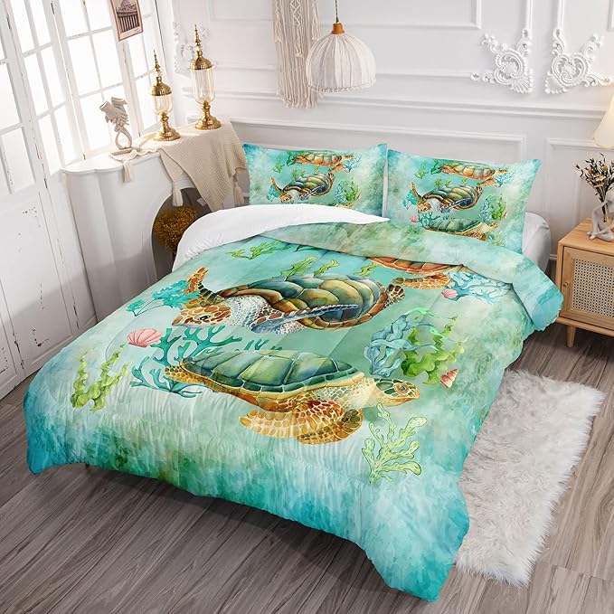 Datura home Sea Turtle Comforter Bedding Set for Kids Teens Adults,Watercolor Sea Turtle Light-Green and Blue Coral Seaweed Ocean Themed Comforter with 2 Pillowcases(Turtle Twin),Green Turtle - LeafyLoom
