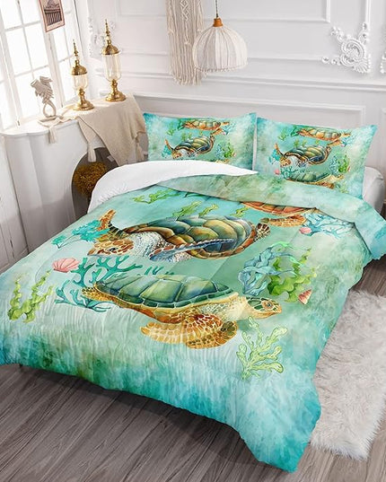 Datura home Sea Turtle Comforter Bedding Set for Kids Teens Adults,Watercolor Sea Turtle Light-Green and Blue Coral Seaweed Ocean Themed Comforter with 2 Pillowcases(Turtle Queen),Green Turtle - LeafyLoom