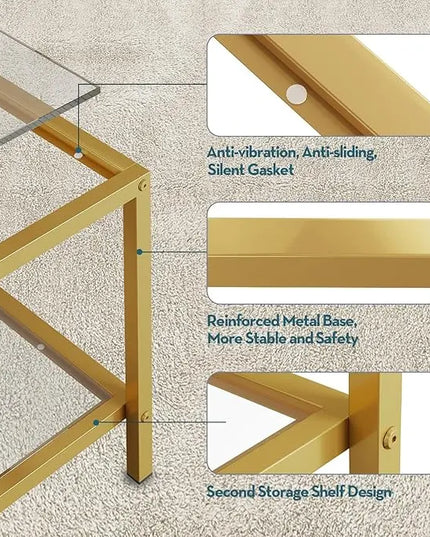 SAYGOER Glass Coffee Table with Storage 2-Tier Square Glass Center Table for Living Room Home Office with Gold Metal Frame Modern Table for Small Spaces - LeafyLoom