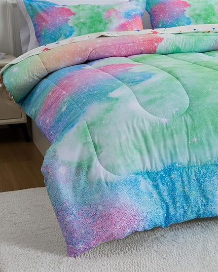 A Nice Night Galaxy Bedding Sets Outer Space Comforter 3D Printed Space Quilt Set Queen Size Glitter Pink Green Color,for Children Boy Girl Teen Kids - LeafyLoom