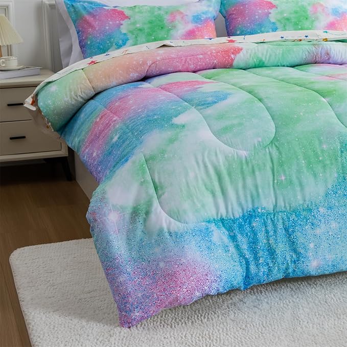 A Nice Night Galaxy Bedding Sets Outer Space Comforter 3D Printed Space Quilt Set Twin Size Glitter Pink Green Color,for Children Boy Girl Teen Kids - LeafyLoom