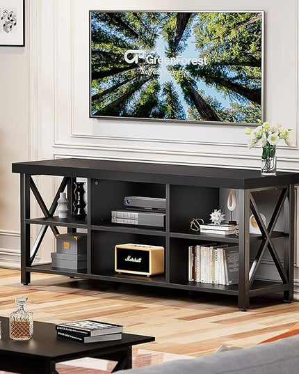 GreenForest TV Stand for TV up to 65 inches, Entertainment Center with 6 Storage Cabinet for Living Room, 55 inch Farmhouse Television Stands Console Table, Industrial TV stands for Living Room, Black - LeafyLoom