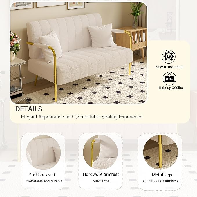 NicBex Sectional Couch Sofa with 2 Pillows Modern Cloud Couch for Living Room Furniture Sets with Metal Legs and Sponge Filled, Modular Sofa for Living Room, Bedroom, Apartment, 58.66" L, White - LeafyLoom