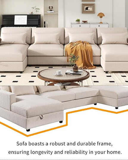 128.3" Modern Large U-Shaped Sectional Sofa with 2 Storage Chaise and 4 Lumbar Pillows, Oversized Reversible Upholstered Couch for Living Room, Apartment, Office, Beige, 128.3 Inch - LeafyLoom