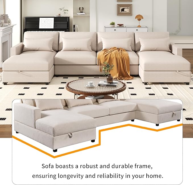 128.3" Modern Large U-Shaped Sectional Sofa with 2 Storage Chaise and 4 Lumbar Pillows, Oversized Reversible Upholstered Couch for Living Room, Apartment, Office, Beige, 128.3 Inch - LeafyLoom