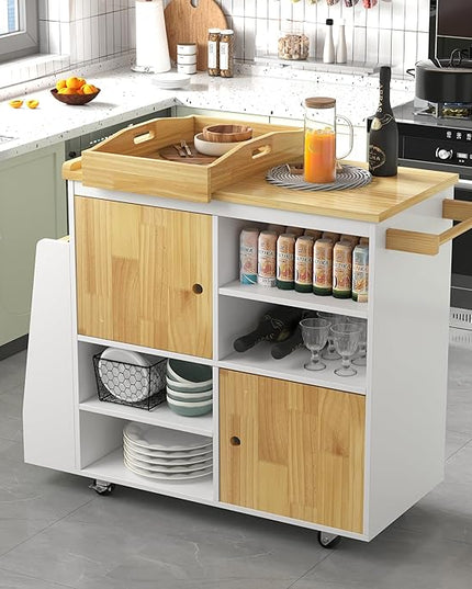 NSdirect Kitchen Island with Storage,Rolling Kitchen Island on Wheels Portable cart Rolling with Spice Racks Towel Holder Utility Trolley with Wood Tray for Home Hotel Kitchen Dinning Room,White - LeafyLoom