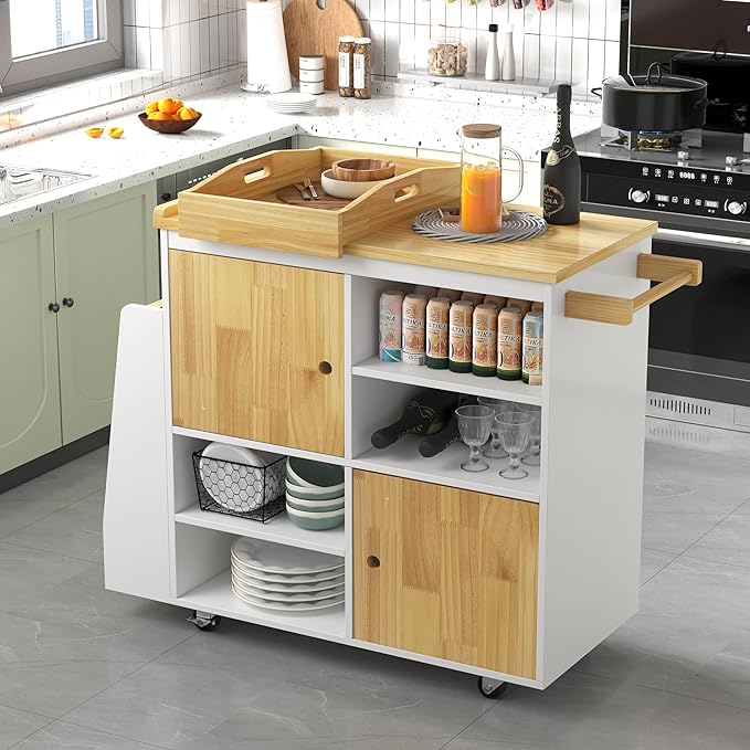 NSdirect Kitchen Island with Storage,Rolling Kitchen Island on Wheels Portable cart Rolling with Spice Racks Towel Holder Utility Trolley with Wood Tray for Home Hotel Kitchen Dinning Room,White - LeafyLoom