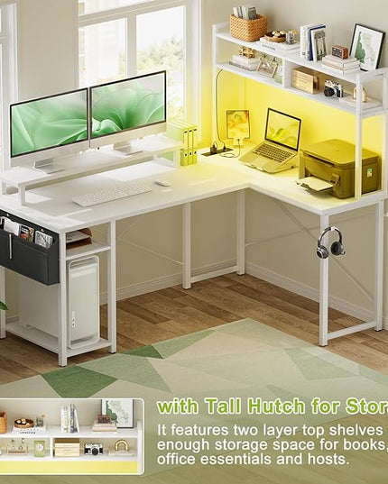 Small L Shaped Desk Gaming Desk with Power Outlets, 48" Reversible L Shaped LED Computer Desk with Monitor Stand & Storage Shelf, Corner Gamer Desk Home Office Desk with Storage Bag, White - LeafyLoom