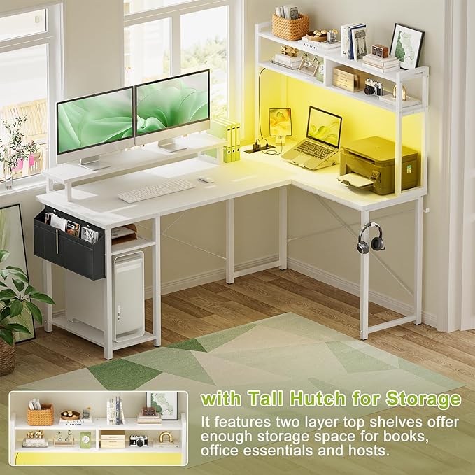 Small L Shaped Desk Gaming Desk with Power Outlets, 48" Reversible L Shaped LED Computer Desk with Monitor Stand & Storage Shelf, Corner Gamer Desk Home Office Desk with Storage Bag, White - LeafyLoom