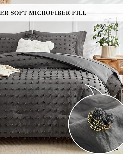 7 Pieces Tufted Dots Bed in a Bag Queen Comforter Set with Sheets Grey , Soft and Embroidery Shabby Chic Boho Comforters, Solid Color with Pom Pom Design, Jacquard Tufts Bedding Set for All Season - LeafyLoom