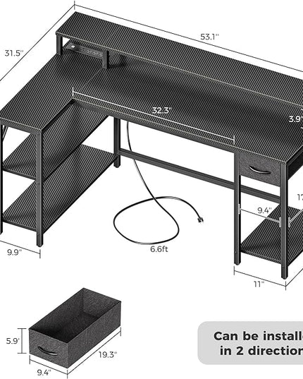 SUPERJARE 53 inch Reversible L Shaped Desk with LED Lights & Power Outlets, Computer Desk with Shelves & Monitor Stand, Gaming Desk with Drawer, Home Office Desk Corner Desk, Carbon Fiber Black - LeafyLoom