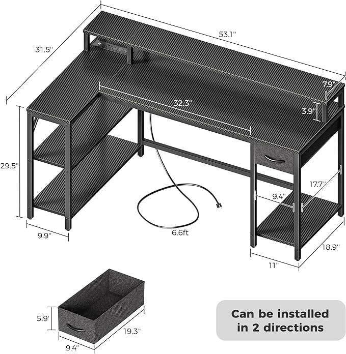 SUPERJARE 53 inch Reversible L Shaped Desk with LED Lights & Power Outlets, Computer Desk with Shelves & Monitor Stand, Gaming Desk with Drawer, Home Office Desk Corner Desk, Carbon Fiber Black - LeafyLoom