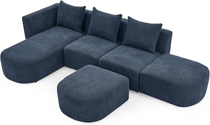 113" L-Shape Sectional Side Chaise and Ottoman, Modular Sofa, DIY Combination, Loop Yarn Fabric for Living Room, Apartment, 113inch, Blue Right - LeafyLoom