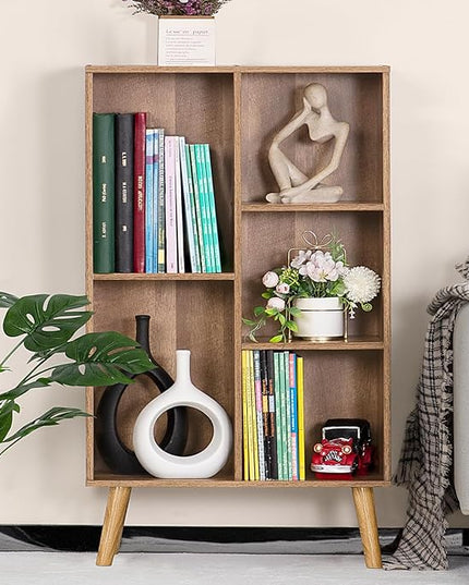 5 Cube Small Bookshelf,3 Tier Mid-Century Modern Bookcase with Legs,Wood Kids Bookshelves Storage Organizer Shelf,Free Standing Narrow Book Shelves,Oak Grey Corner Bookcases for Bedroom,Living Room - LeafyLoom