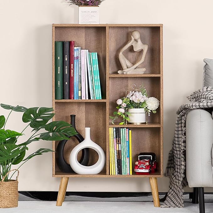 5 Cube Small Bookshelf,3 Tier Mid-Century Modern Bookcase with Legs,Wood Kids Bookshelves Storage Organizer Shelf,Free Standing Narrow Book Shelves,Oak Grey Corner Bookcases for Bedroom,Living Room - LeafyLoom