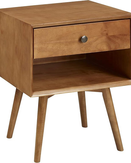 Walker Edison Mid Century Modern Wood Nightstand Side Table Bedroom Storage Drawer and Shelf Bedside End Table, 1 Drawer, Caramel - LeafyLoom