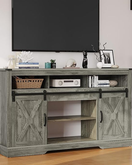 Farmhouse TV Stand for 23" Fireplace, 34'' Tall Entertainment Center for 65+ Inch TV, Rustic TV Console with Sliding Bar Door for Living Room (Light Grey) - LeafyLoom