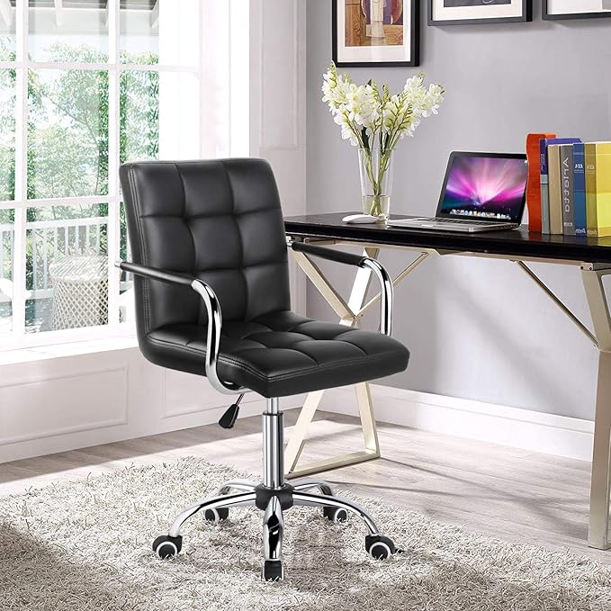 Yaheetech Desk Chair - Office Chair with Arms/Wheels for Students Swivel Faux Leather Home Computer Black - LeafyLoom