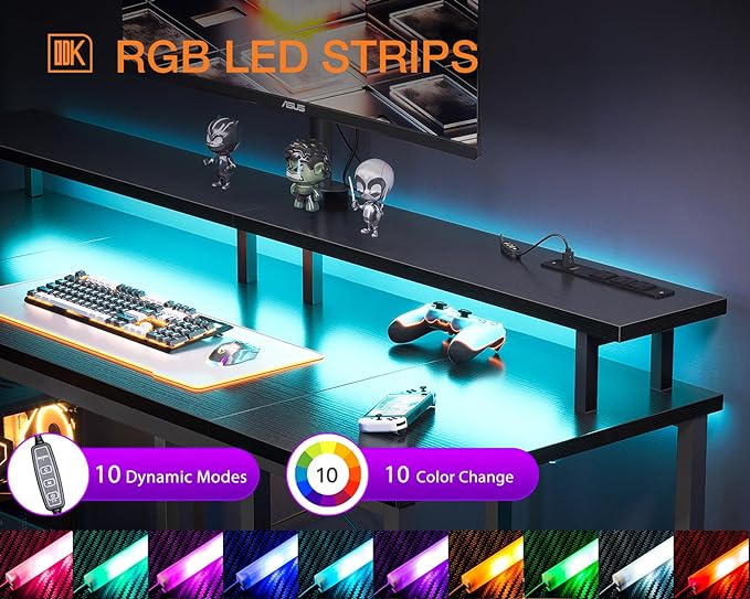 ODK 48 inch Gaming Desk with LED Lights & Power Outlets, Computer Desk with Monitor Stand & Storage Sheves, CPU Stand, Home Office Desk, Black - LeafyLoom