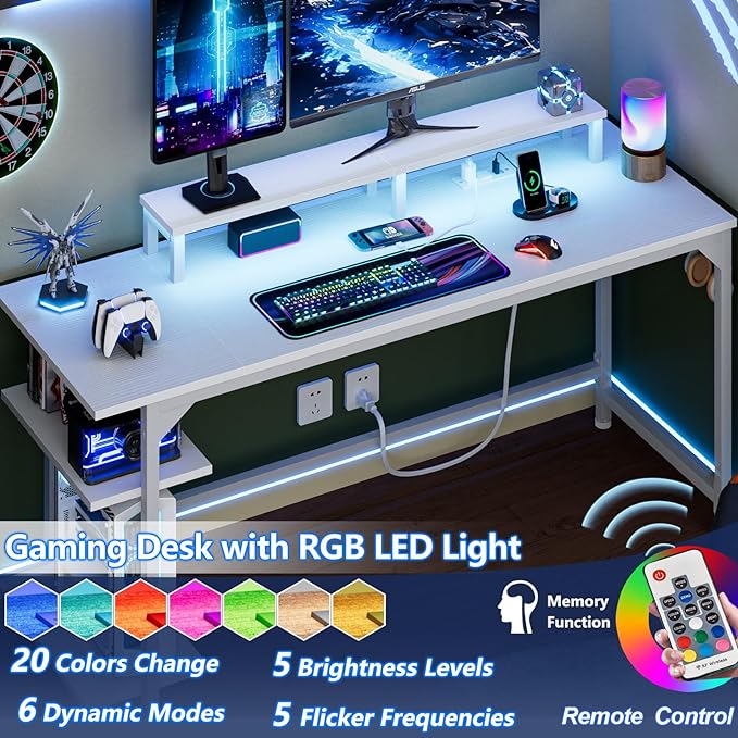 Furologee White Gaming Desk with Charging Station and LED Lights, 55" Office Computer Desk with Reversible Shelves and Fabric Drawer, Study Table with Monitor Stand and 2 Hooks for Home Office - LeafyLoom