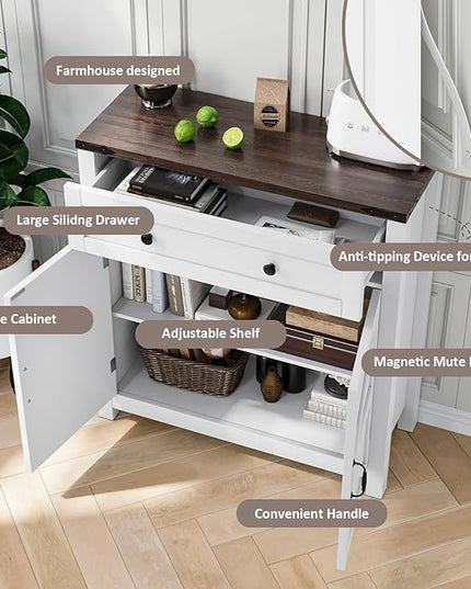Walnut Buffet Sideboard Cabinet with 2 Barn Doors, Farmhouse Coffee Bar Cabinet, Bathroom Cabinet with Adjustable Shelf, Storage Cabinet for Kitchen, Living Room, Entryway, Bathroom - LeafyLoom