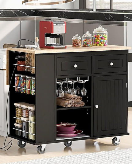 Kitchen Island with Power Outlet,Drop Leaf and Rubber Wood,Open Storage & Wine Rack,Storage Cart with 5 casters,w/Adjustable Storage for Home, Kitchen, and Dining Room, Black - LeafyLoom