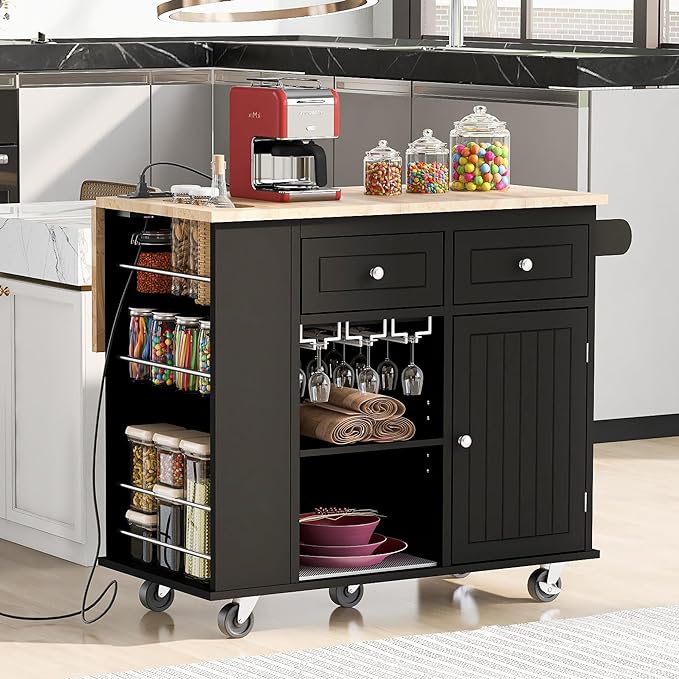Kitchen Island with Power Outlet,Drop Leaf and Rubber Wood,Open Storage & Wine Rack,Storage Cart with 5 casters,w/Adjustable Storage for Home, Kitchen, and Dining Room, Black - LeafyLoom