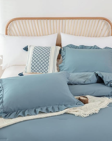 JANZAA Comforter Set Full Size Mineral Blue Ruffle Comforter 3PCS Soft Fluffy Comforter Vintage Farmhouse Bed Comforter Set Shabby Chic Bedding with 2 Pillowcases - LeafyLoom