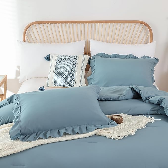 JANZAA Comforter Set Full Size Mineral Blue Ruffle Comforter 3PCS Soft Fluffy Comforter Vintage Farmhouse Bed Comforter Set Shabby Chic Bedding with 2 Pillowcases - LeafyLoom