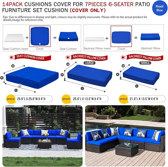 ClawsCover 14Pack Outdoor Patio Seat and Back Cushions Replacement Covers Fit for 7Pieces 6-Seater Wicker Rattan Sectional Couch Chair Furniture Set,Royal Blue-Include Cover Only (Large) - LeafyLoom