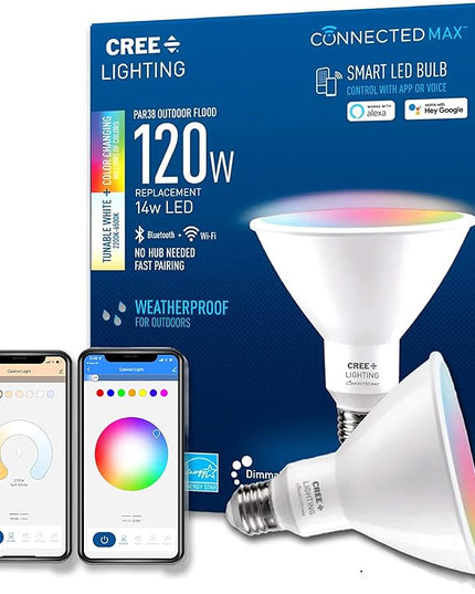 Cree Lighting Connected Max Smart Led Bulb Par38 Outdoor Flood Tunable White + Color Changing, 2.4 Ghz, Works with Alexa and Google Home, No Hub Required, Bluetooth + WiFi, 1Pk CreeLighting