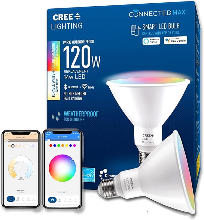 Cree Lighting Connected Max Smart Led Bulb Par38 Outdoor Flood Tunable White + Color Changing, 2.4 Ghz, Works with Alexa and Google Home, No Hub Required, Bluetooth + WiFi, 1Pk CreeLighting