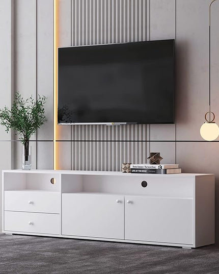 NicBex TV Stand for 65 Inch TV Farmhouse TV Media Console Table with Solid Wood Gandle Cabinets Entertainment Center with Storage for Living Room,63 Inch,Antique White - LeafyLoom