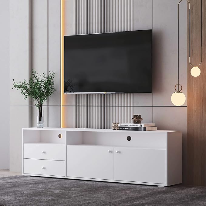 NicBex TV Stand for 65 Inch TV Farmhouse TV Media Console Table with Solid Wood Gandle Cabinets Entertainment Center with Storage for Living Room,63 Inch,Antique White - LeafyLoom