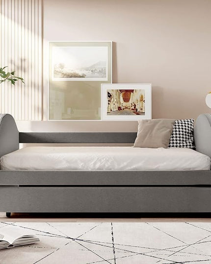 Full Size Upholstered Daybed with Twin Trundle Bed and Wood Slat for Living Room Bedroom, Gray - LeafyLoom
