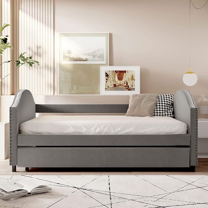 Full Size Upholstered Daybed with Twin Trundle Bed and Wood Slat for Living Room Bedroom, Gray - LeafyLoom
